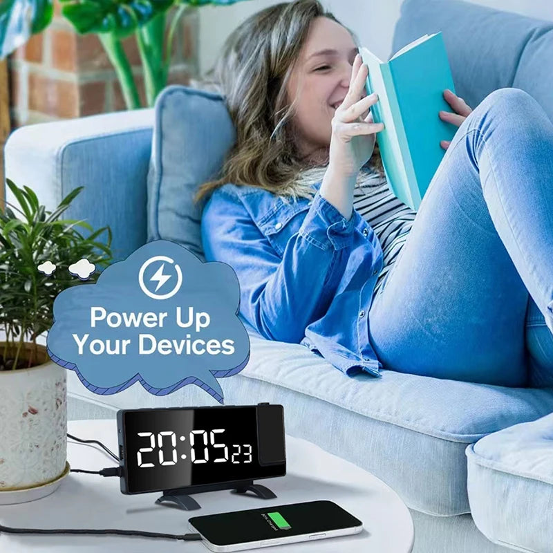 Projection Alarm Clock: LED Digital Display for Bedroom, Bedside Table Clock with FM Radio and Ceiling/Wall Projection