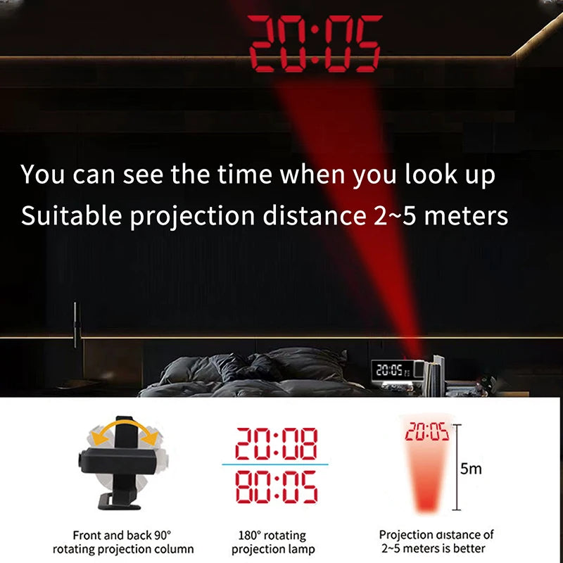 Projection Alarm Clock: LED Digital Display for Bedroom, Bedside Table Clock with FM Radio and Ceiling/Wall Projection