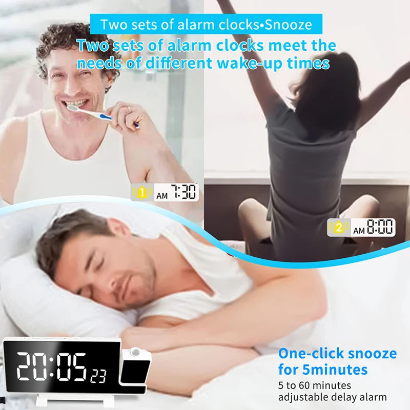 Projection Alarm Clock: LED Digital Display for Bedroom, Bedside Table Clock with FM Radio and Ceiling/Wall Projection