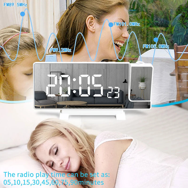 Projection Alarm Clock: LED Digital Display for Bedroom, Bedside Table Clock with FM Radio and Ceiling/Wall Projection
