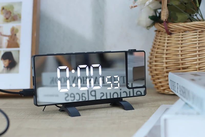 Projection Alarm Clock: LED Digital Display for Bedroom, Bedside Table Clock with FM Radio and Ceiling/Wall Projection