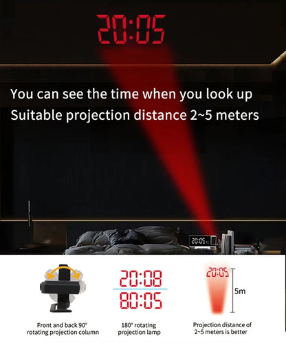 Projection Alarm Clock: LED Digital Display for Bedroom, Bedside Table Clock with FM Radio and Ceiling/Wall Projection