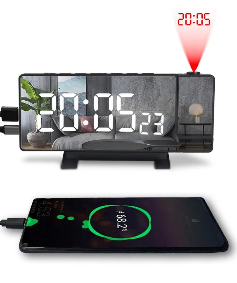 Projection Alarm Clock: LED Digital Display for Bedroom, Bedside Table Clock with FM Radio and Ceiling/Wall Projection