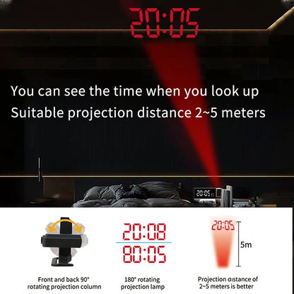 Projection Alarm Clock: LED Digital Display for Bedroom, Bedside Table Clock with FM Radio and Ceiling/Wall Projection