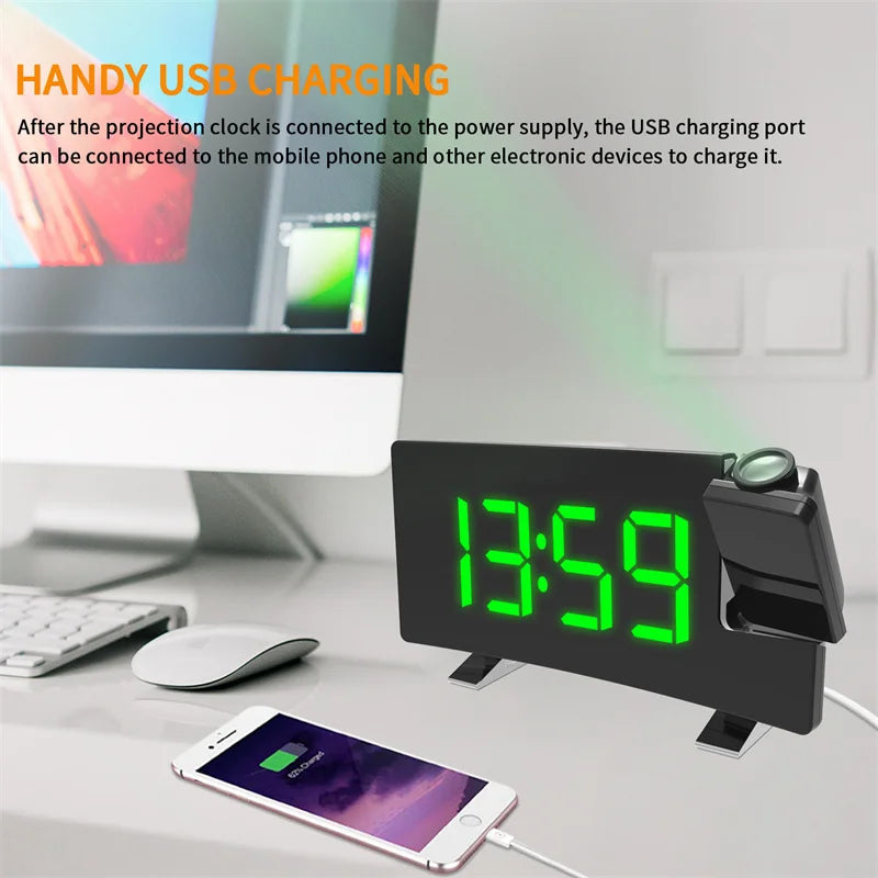 Multifunctional Projection FM Radio Alarm Clock - with USB charger