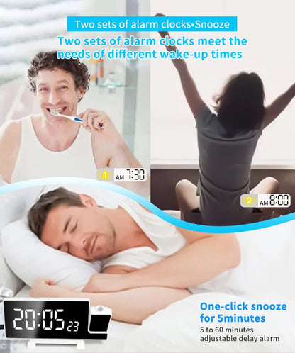 Projection Alarm Clock: LED Digital Display for Bedroom, Bedside Table Clock with FM Radio and Ceiling/Wall Projection