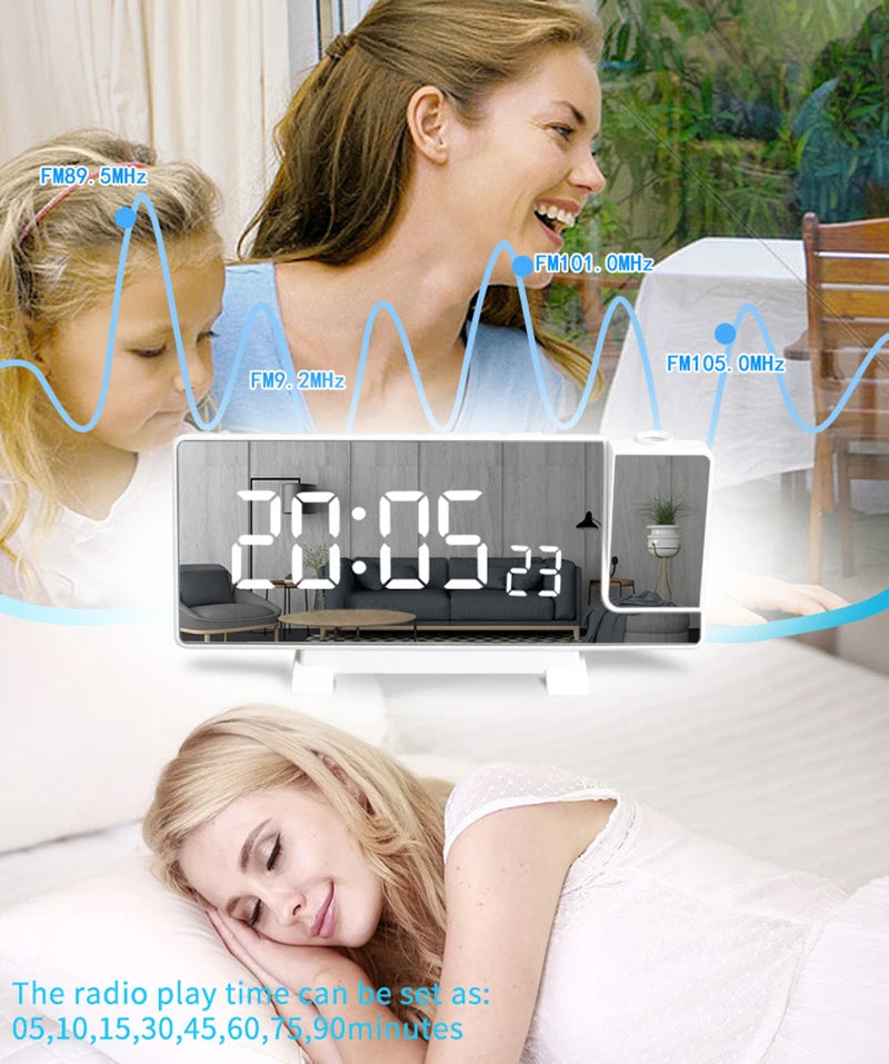 Projection Alarm Clock: LED Digital Display for Bedroom, Bedside Table Clock with FM Radio and Ceiling/Wall Projection