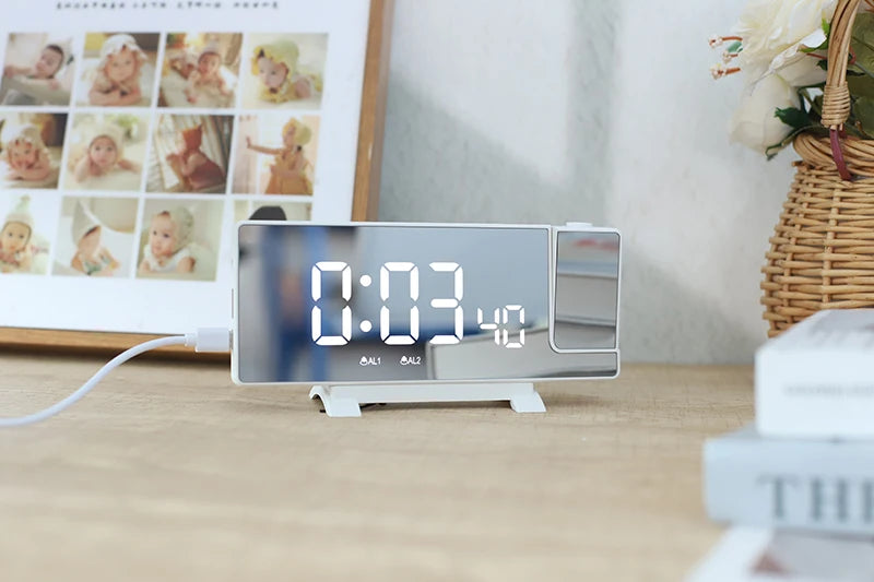 Projection Alarm Clock: LED Digital Display for Bedroom, Bedside Table Clock with FM Radio and Ceiling/Wall Projection