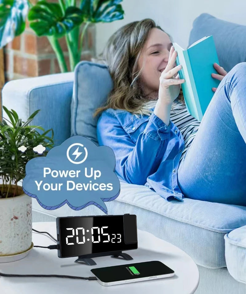 Projection Alarm Clock: LED Digital Display for Bedroom, Bedside Table Clock with FM Radio and Ceiling/Wall Projection
