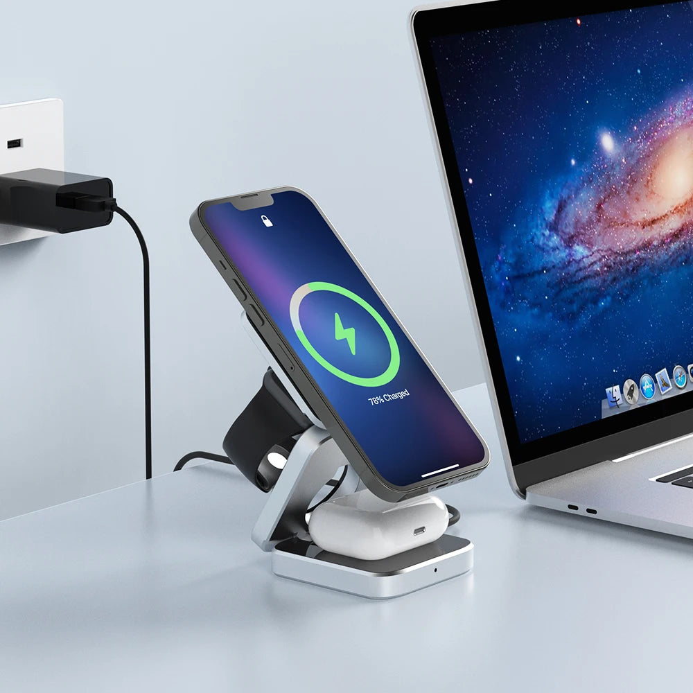 3 In 1 Foldable Magnetic Wireless Charger Stand For iPhone 15, 14, 13 Pro/Max/Plus, AirPods 3/2 Station Dock Fast Charger Holder