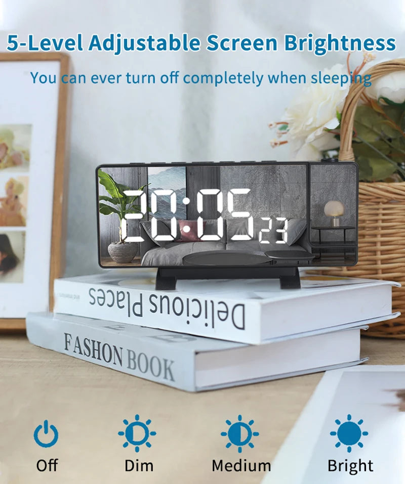 Projection Alarm Clock: LED Digital Display for Bedroom, Bedside Table Clock with FM Radio and Ceiling/Wall Projection