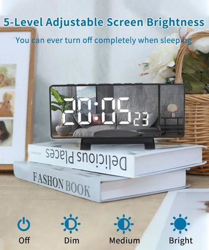 Projection Alarm Clock: LED Digital Display for Bedroom, Bedside Table Clock with FM Radio and Ceiling/Wall Projection