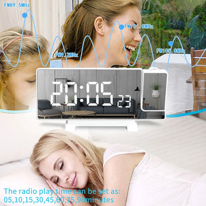 Projection Alarm Clock: LED Digital Display for Bedroom, Bedside Table Clock with FM Radio and Ceiling/Wall Projection
