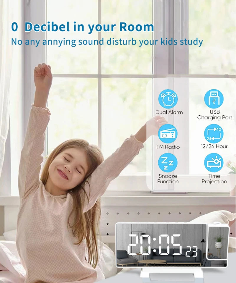 Projection Alarm Clock: LED Digital Display for Bedroom, Bedside Table Clock with FM Radio and Ceiling/Wall Projection