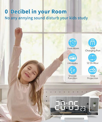 Projection Alarm Clock: LED Digital Display for Bedroom, Bedside Table Clock with FM Radio and Ceiling/Wall Projection