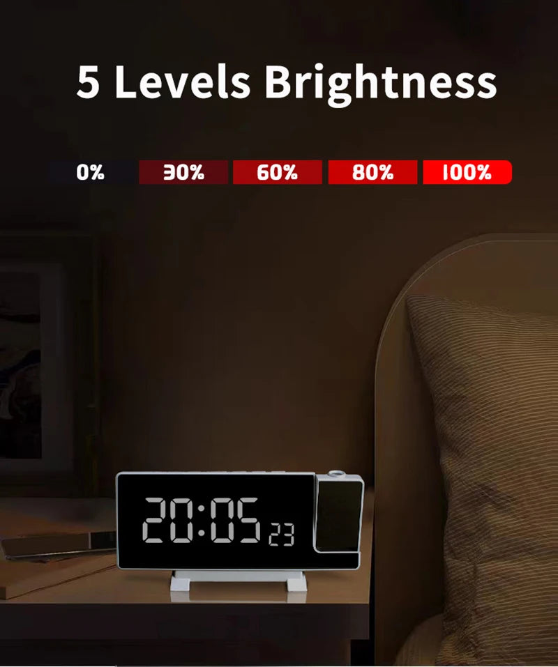 Projection Alarm Clock: LED Digital Display for Bedroom, Bedside Table Clock with FM Radio and Ceiling/Wall Projection